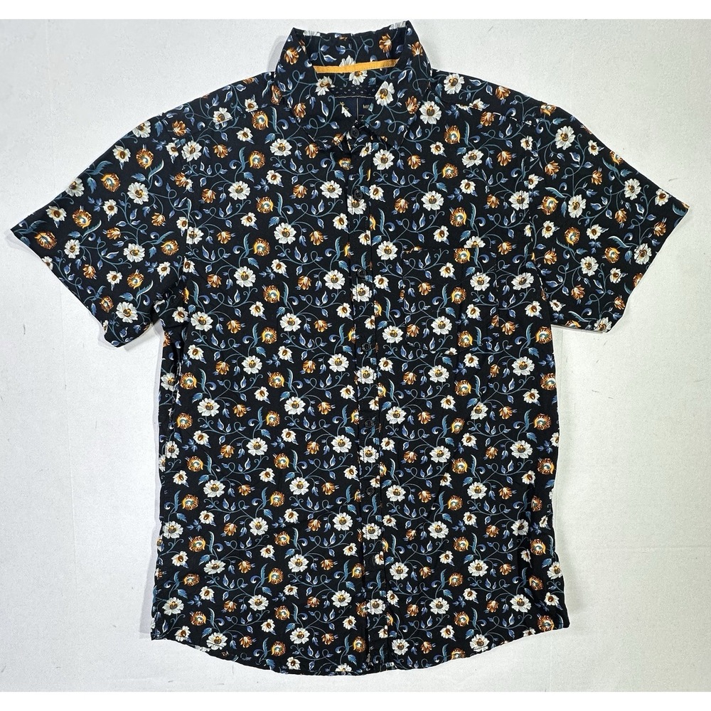 Rugby University Shirt M Black Floral‎ Short Sleeve Button Up 100% Cotton India